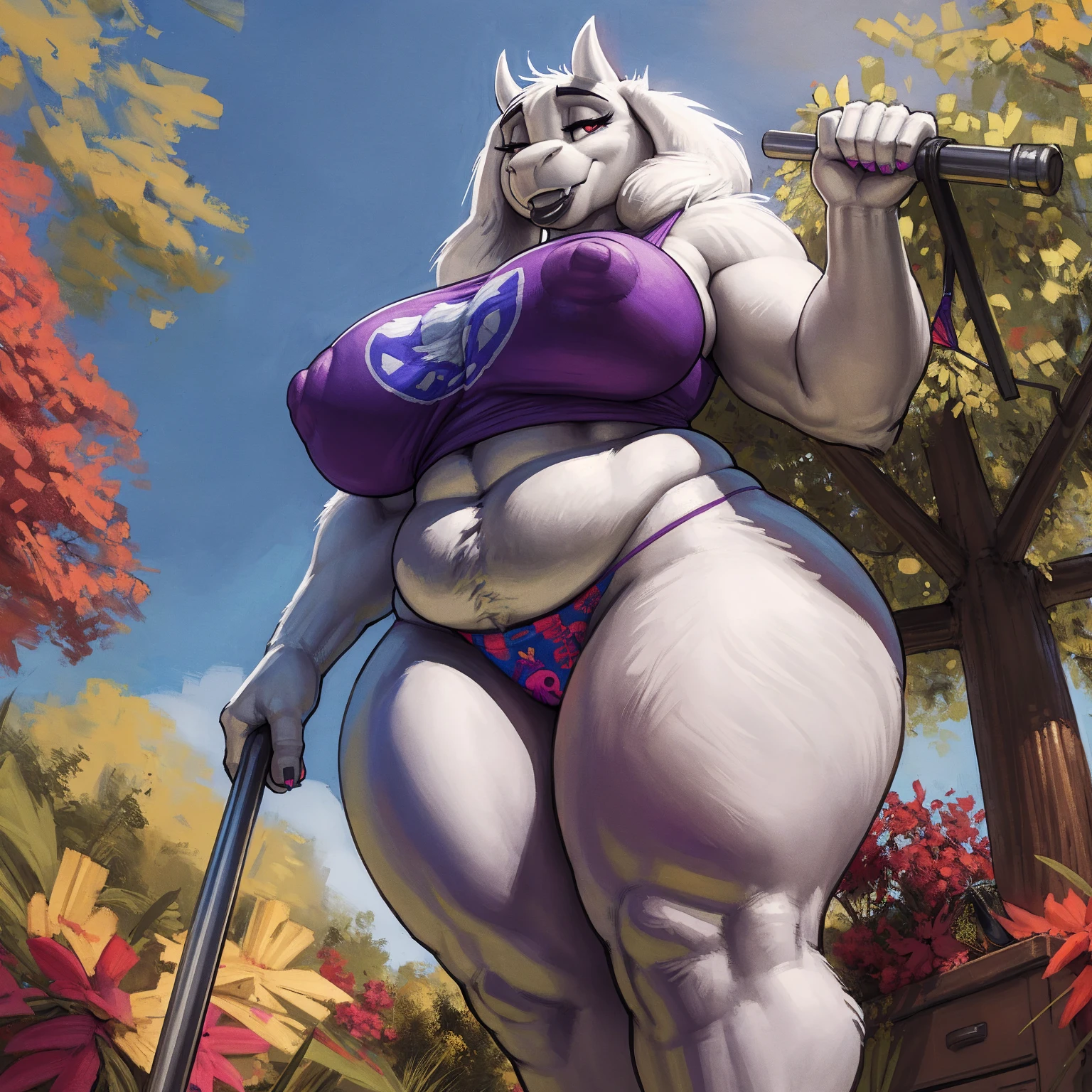 by darkgem, by duase, by kevinsano, by bng, by sligarthetiger, by zaush, solo, 1girl, toriel, maroon eyes, female, older woman, furry body, chubby, heavyset, broad shoulders, wide body, thick thighs, big arms, (huge breasts:1.1), heavy breasts, nipple outline, highly detailed eye, (black pupil:1.3), milf, tank top, (bare midriff:1.3), cleavage, large areolae, (g-string:1.3), Masterpiece, best quality, absurd res, highly detailed, cleanly drawn eyes, park environment, standing upright, cute smile, (big bottom lip:1.2), black lipstick, casual posture, from below, (extremely low angle:1.2),