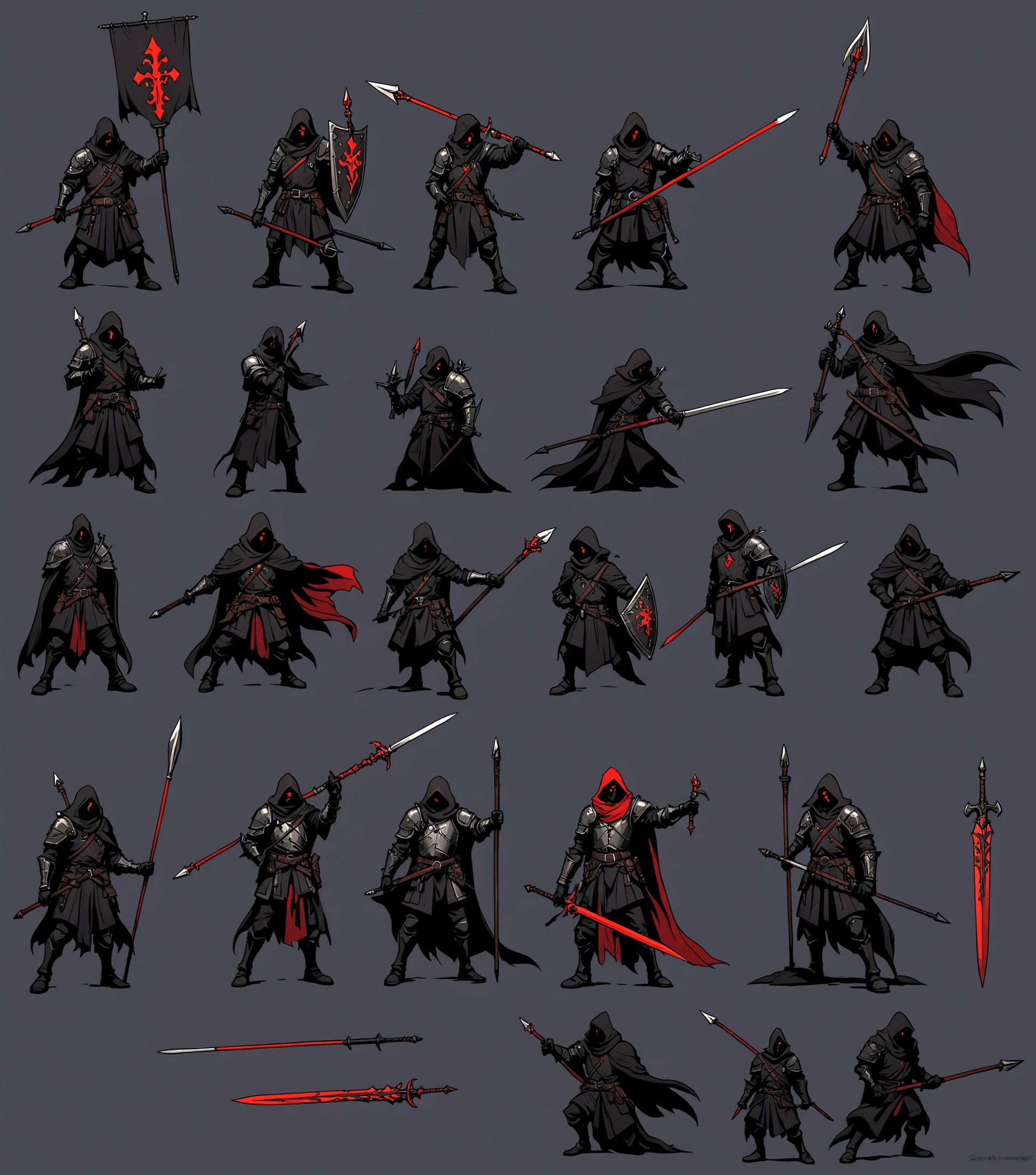 Man with black cloak and armor on one shoulder, using a red sword and spear, Darkest Dungeon art style, qualidade hd, hyper detailled, 4K resolution Waiting to start