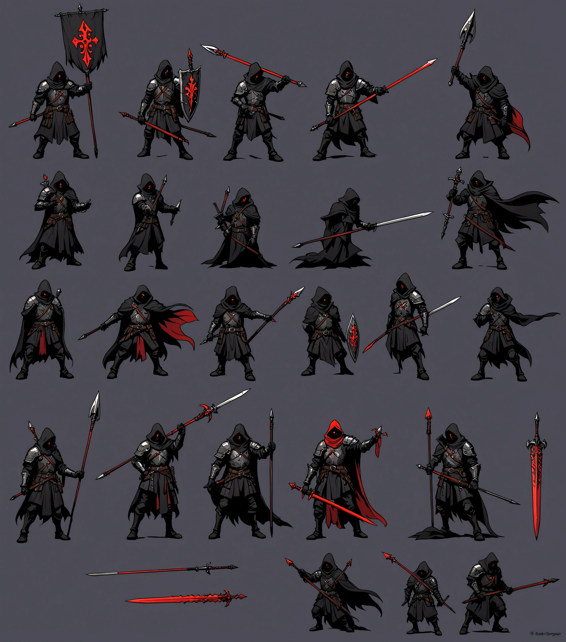 Man with black cloak and armor on one shoulder, using a red sword and spear, Darkest Dungeon art style, qualidade hd, hyper detailled, 4K resolution Waiting to start