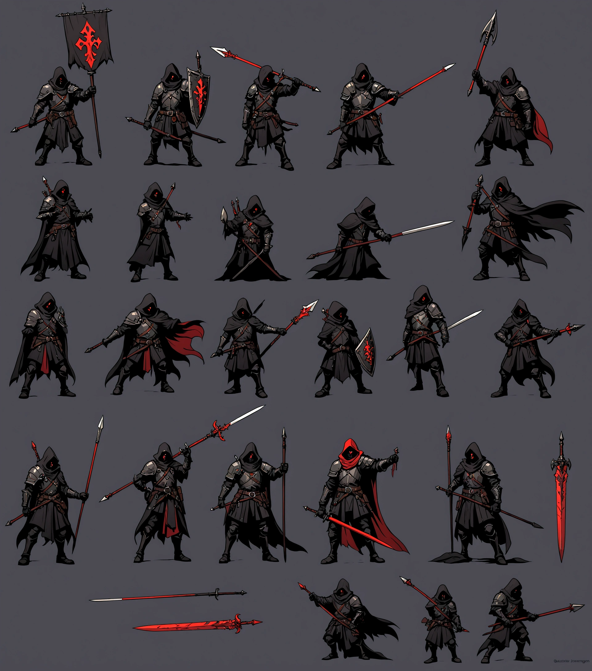 Man with black cloak and armor on one shoulder, using a red sword and spear, Darkest Dungeon art style, qualidade hd, hyper detailled, 4K resolution Waiting to start 
