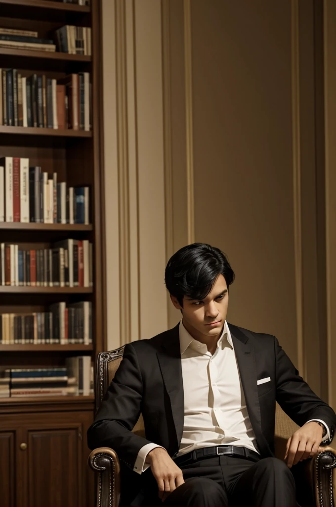 He is an enemy character he clothes intelligent man sitting on a chair of king he in Room were is noone there his background is night like back if he have a little bit of light you have black hair black eyes he seems like someone elegant and he is on life library room is intelligent design elegant