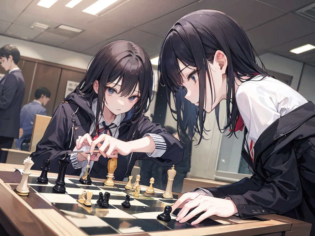 A woman attending a chess tournament、There are a lot of people playing chess around me.、Highest quality