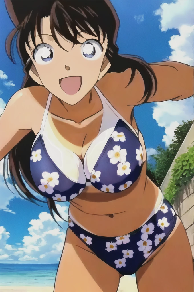 ran, 1girl, solo, long_hair, breasts, looking_at_viewer, smile, open_mouth, blue_eyes, large_breasts, brown_hair, navel, cleavage, collarbone, swimsuit, :d, bikini, outdoors, sky, day, cloud, leaning_forward, ((マイハウス_garden)), white_bikini, beach, floral_print, tan, print_bikini