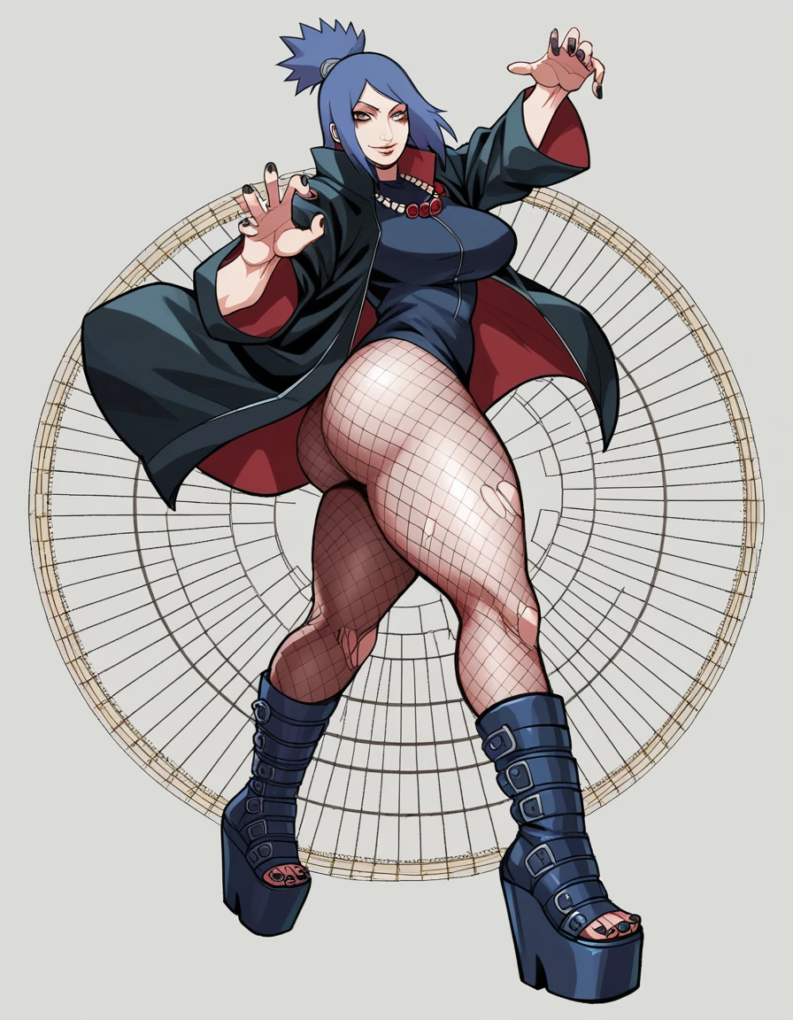best quality, masterpiece, ultra-detailed, illustration, dynamic pose, Konan, konan from naruto, blue hair, looking at viewer, (evil smile), heavy eyeliner, (wearing a leather jacket, platform boots:1.2), adorned with studded accessories, (layered necklaces), bold patterns, (torn fishnet pantyhose:1.2), black miniskirt, dramatic makeup, black nail polish, oversized rings, close-up shot, thick thighs, big breasts, big ass, wide hips, hip dip, glossy lips, expressive face, (ratatatat74:1.4), ratatatat74 style illustration, cinematic lighting, volumetric lighting, vibrant colors, ray tracing, intricate details in 8k or 4k resolution
