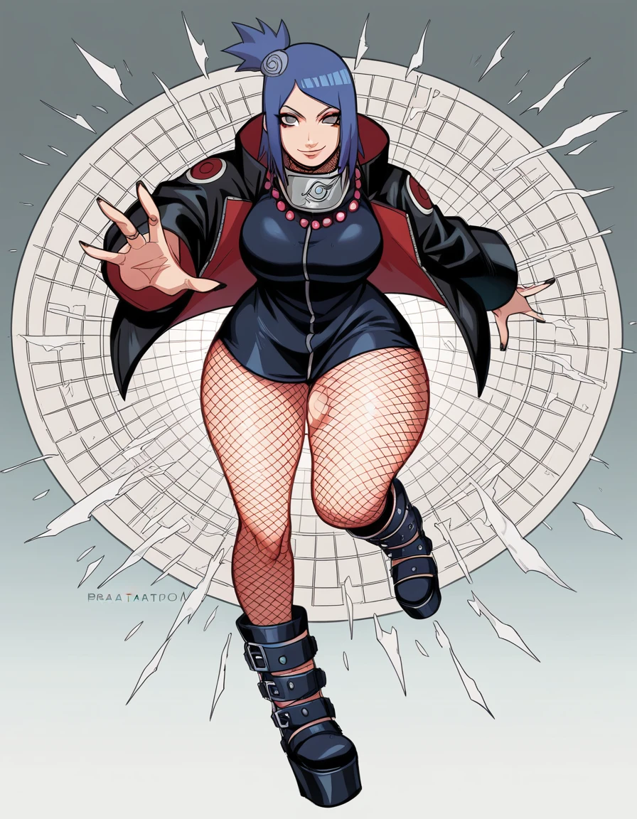 best quality, masterpiece, ultra-detailed, illustration, dynamic pose, Konan, konan from naruto, blue hair, looking at viewer, (evil smile), heavy eyeliner, (wearing a leather jacket, platform boots:1.2), adorned with studded accessories, (layered necklaces), bold patterns, (torn fishnet pantyhose:1.2), black miniskirt, dramatic makeup, black nail polish, oversized rings, close-up shot, thick thighs, big breasts, big ass, wide hips, hip dip, glossy lips, expressive face, (ratatatat74:1.4), ratatatat74 style illustration, cinematic lighting, volumetric lighting, vibrant colors, ray tracing, intricate details in 8k or 4k resolution