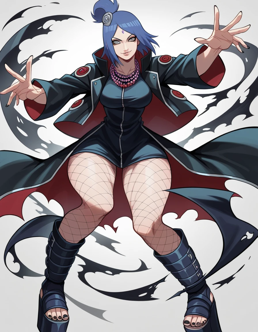 best quality, masterpiece, ultra-detailed, illustration, dynamic pose, Konan, konan from naruto, blue hair, looking at viewer, (evil smile), heavy eyeliner, (wearing a leather jacket, platform boots:1.2), adorned with studded accessories, (layered necklaces), bold patterns, (torn fishnet pantyhose:1.2), black miniskirt, dramatic makeup, black nail polish, oversized rings, close-up shot, thick thighs, big breasts, big ass, wide hips, hip dip, glossy lips, expressive face, (ratatatat74:1.4), ratatatat74 style illustration, cinematic lighting, volumetric lighting, vibrant colors, ray tracing, intricate details in 8k or 4k resolution