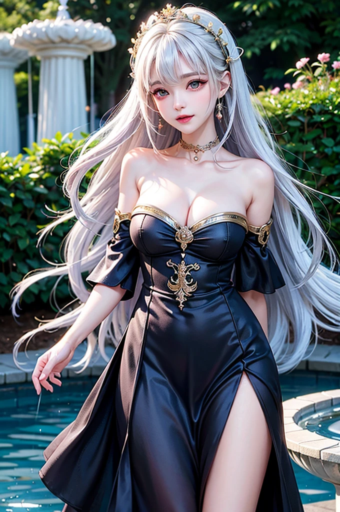 (Close-up image)((masterpiece:1.5,Highest quality,Highly detailed images,Beautiful images、Realistic、Photorealistic、2.5D))(1girl, 独奏,)(Adult women、medium beautiful breasts, white hair, beautiful eyes、Beautiful cleavage)(Off-the-shoulder dress、black dress:1.5, Deep slit)(smile, wind, floating hair)(bright、Soft lighting、garden、water fountain）
