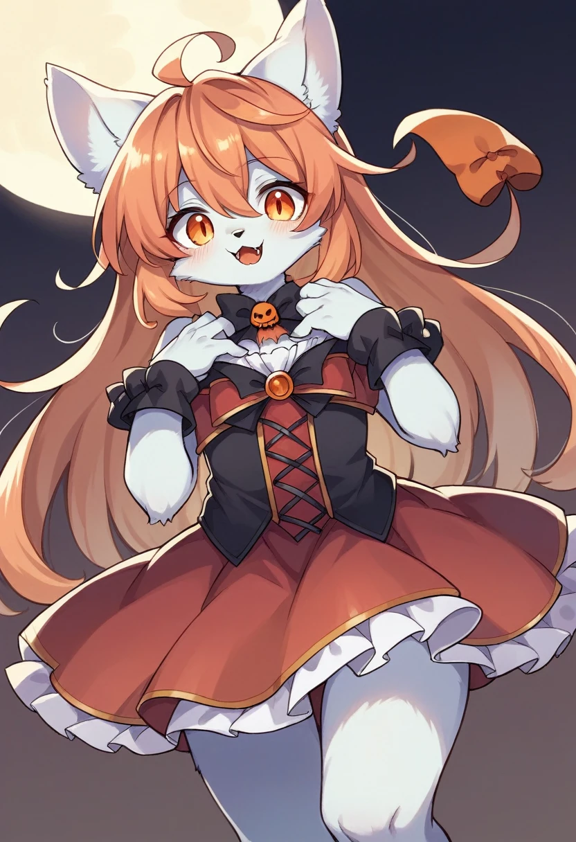 (epic, dynamic angle)top quality, best quality, High-quality illustrations, masterpiece, While creating a Halloween atmosphere, vampire with furry elements, (kemono, super cute girl, solo focus)(furry anthro)(highly detailed beautiful face and eyes)absurdres, perfect anatomy, Scene of a red full moon with a strong horror color,