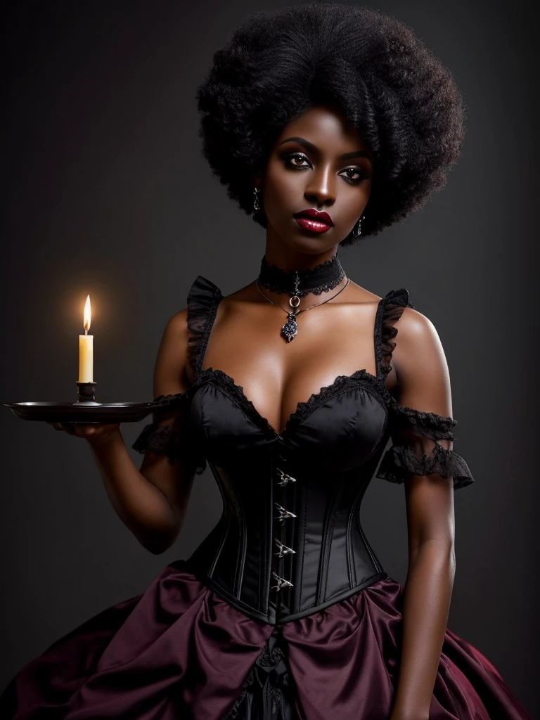 1 elegant black woman, (((Dark black skin 1.2))), Mature middle-aged woman, goth woman, vampire, goth makeup, victorian era dress, corset, corset dress, choker necklace, Dark eyeshadow,Full-body art, black skin, a dark tanned skin,Melanin pigmentation of the skin,very dark skin, violet eyes, lesvian, afro hair, short hair, renascence portrait, realist, elegant pose, dark color scheme, candlelit ilumination, vintage fashion, victorian era fashion, Victorian dress, corset, vampire fangs, fangs showing, blood, ethereal beauty, purple eyes, curly hair, afro hair, short afro hair, red and black color scheme, red lips, red and black dress, blood on the lips, vampire, lesbian vampire, gothic dress, gothic architecture, goth style, romantic style,