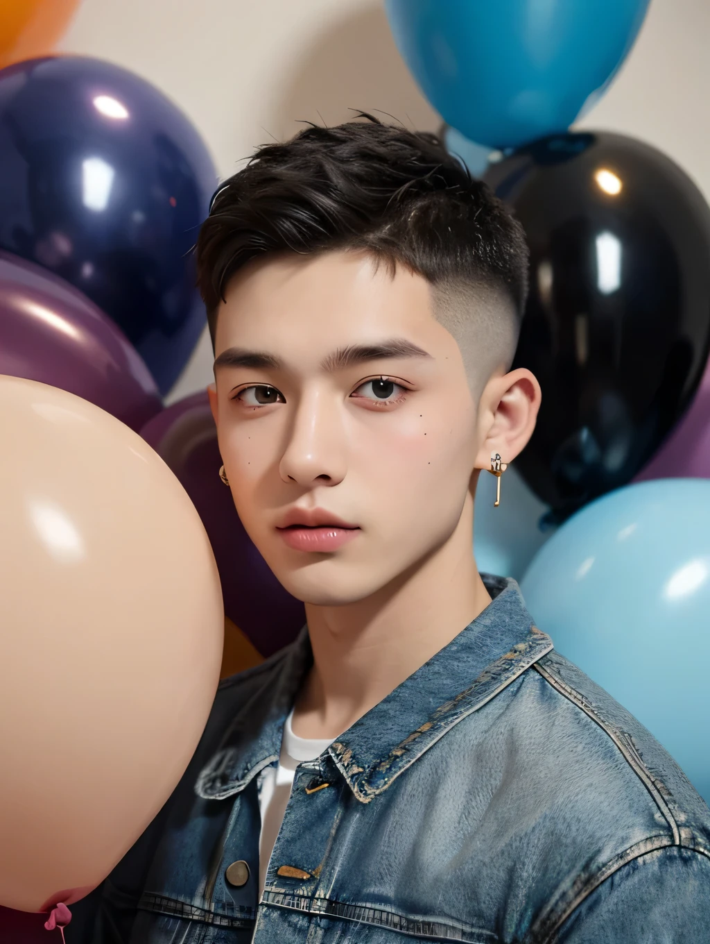 male, 20 year old boy, black eyes, buzz cut hair, right earring, denim jacket, half body photo, head facing the camera, colorful balloons in the background, street