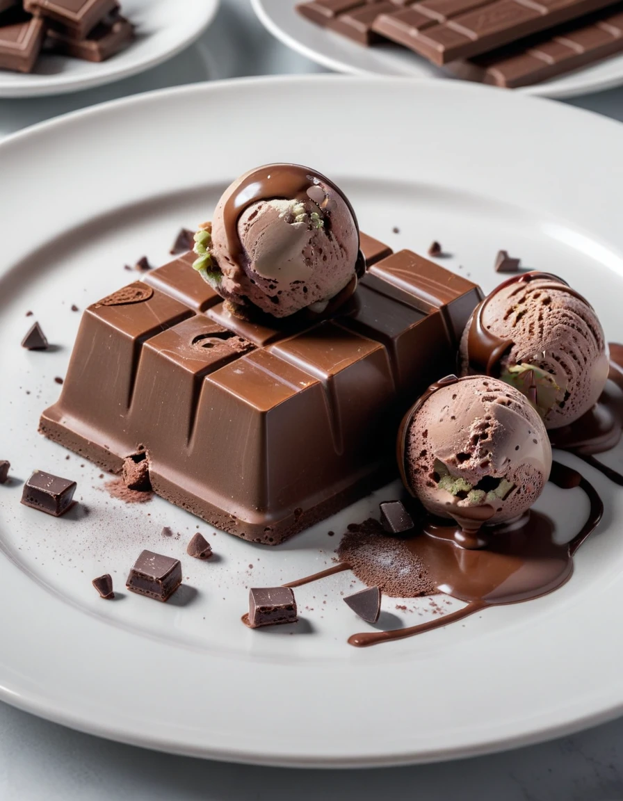 (chocolate bar and pieces of chocolate and chocolate ice cream on a white plate), closeup, macroscopic photo, hyperdetalization, hyperrealism, beautiful foreshortening, cinematic, glow, reflexes, illuminated ((dominant three colors))