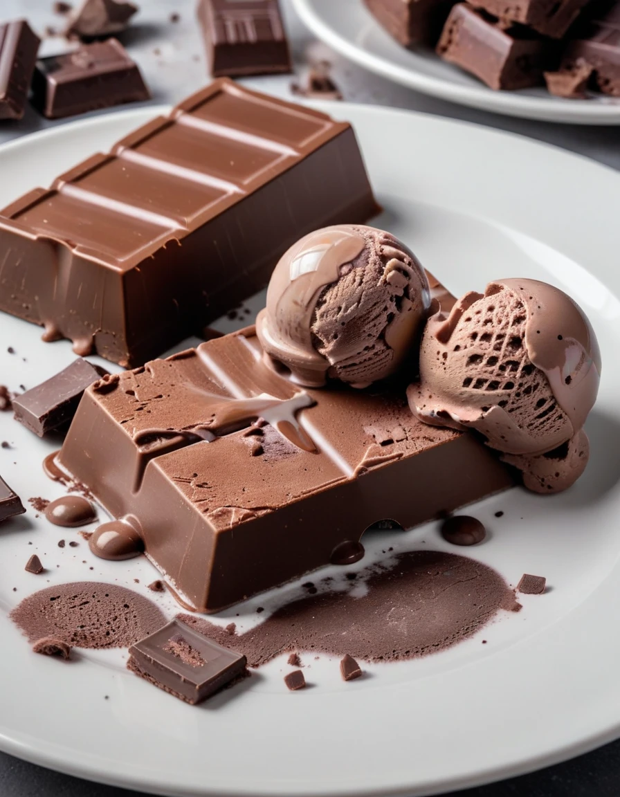 (chocolate bar and pieces of chocolate and chocolate ice cream on a white plate), closeup, macroscopic photo, hyperdetalization, hyperrealism, beautiful foreshortening, cinematic, glow, reflexes, illuminated ((dominant three colors))