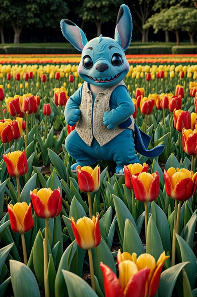 Stitch con tulipanes