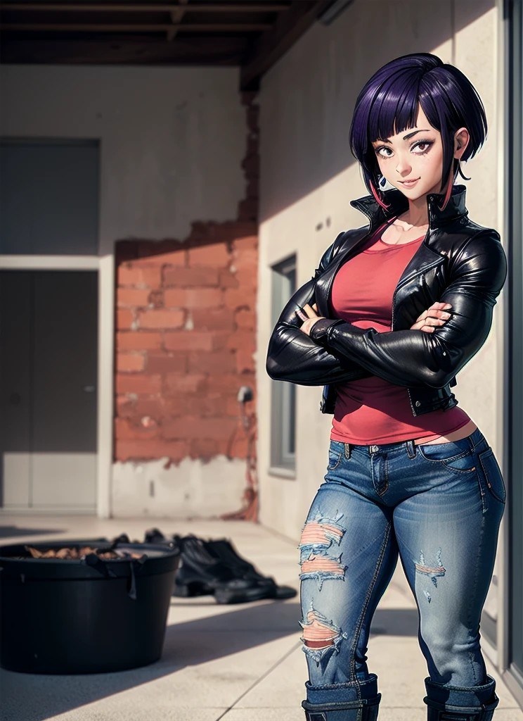 ((best quality)), ((muito detalhado)), ​masterpiece, most absurd, (detailled eyes, deep eyes), (1 girl), Perspective distortion, contrasted, Stand, ((legs apart)), crossed arms, Cowboy-shot, from bottom, Viewers look at, jirou2, purple hair, shorth hair, bangs, black eyes, long earlobes, small breasts, smiling, (Facial spots), neck ribbon, rotes Shirt, , leather jacket, black jacket, open jacket, white fingerless gloves, ((Lange Jeans Hose)), boots, (indoors, in a hall), ((Bodybuilder)), ((((extremely muscular)))), young woman,