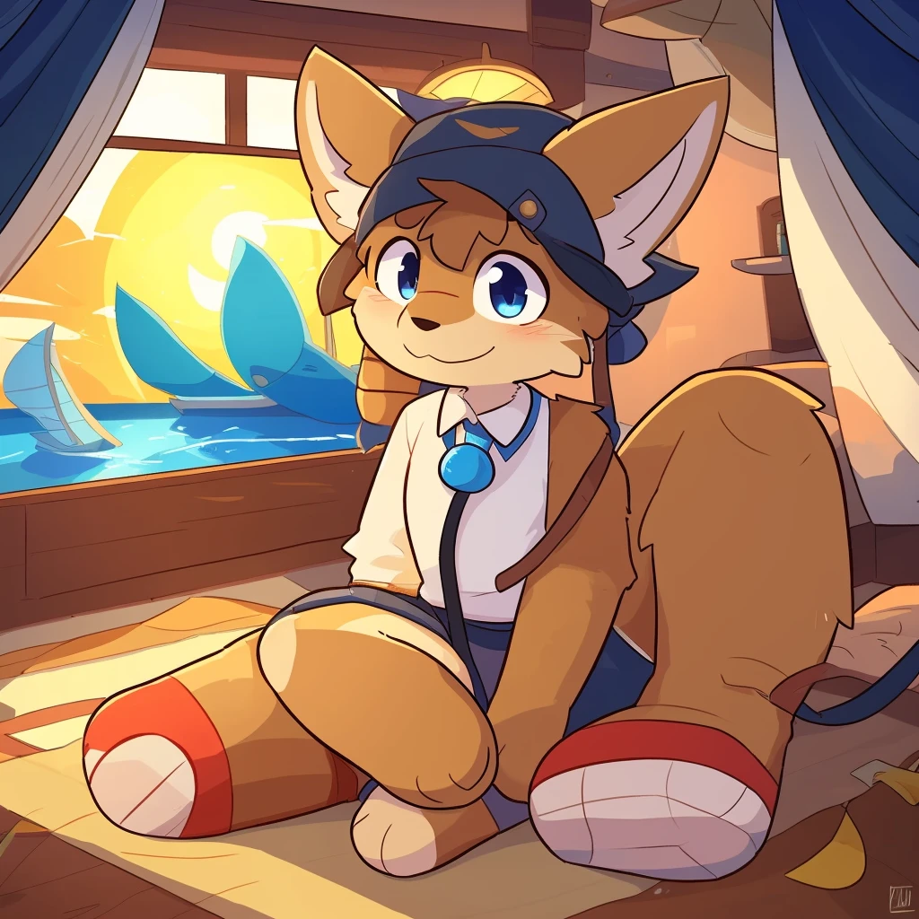 by itihi3 イチヒ(Ichihi), by donkeyramen, by Kilinah, cover page, highres, top quality, best quality, paid reward available, unparalleled masterpiece, perfect artwork, absurdres, High-quality illustrations, super high resolution, detailed background, perfect anatomy(1girl, kemono, furry anthro, kemono, sleepy eyes)many stuffed animals sitting in room with ship in the background, cinematic lighting,