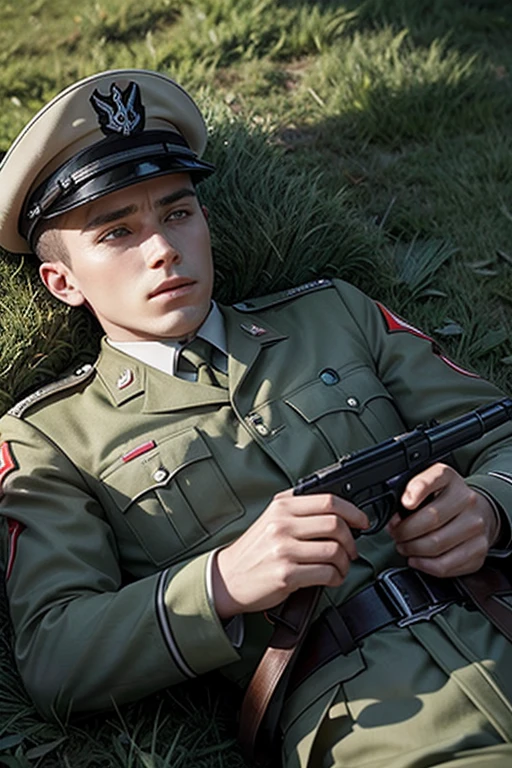 A Wehrmacht soldier, holding his mg42, lying on the grass, a man.