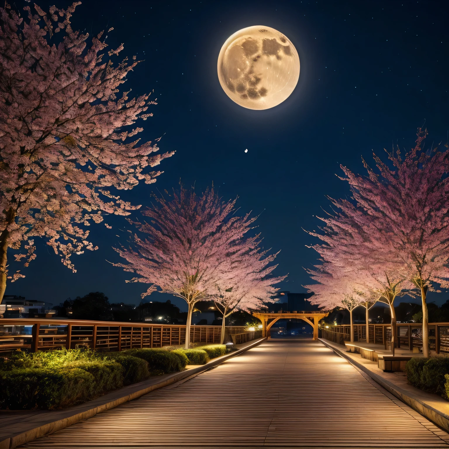 Creates a serene and magical night view. The composition should blend natural elements with the cityscape., Highlight the full moon that lights up the sky. Incorporate vibrant colors, Focus on blue and purple hues、Creates a magical evening atmosphere. A bright full moon should be in the center, casting a glow all around it.. A pink blossoming tree with elegant branches surrounding the top of the image々I will incorporate. Under, Showcasing cityscapes with skyscrapers lit up in various lights. Place a wooden bridge or path in the foreground, Continue to the street, Inviting the audience into this fascinating world. The overall aim is for a calm yet seductive atmosphere, Showcasing the harmonious coexistence of nature and city life under magical moonlight.,
