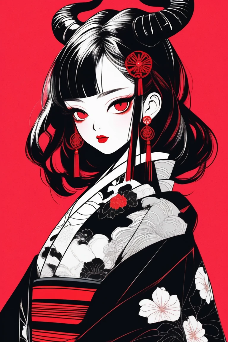 (best quality, sketch:1.2),realistic,illustrator,anime,1 girl with horns, detailed lips, kimono,custom, black and red gradient background,neon hair,textured cropping, masterpiece, style retro classic, noir style , Japanese style, ((monochrome))