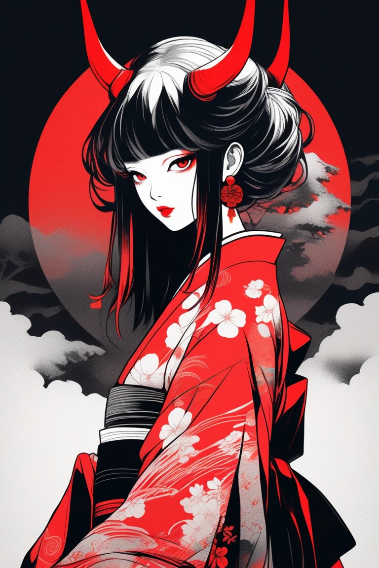 A girl with long loose black hair, crimson red eyes. Deep red lipstick, red eye shadow , very big breasts demon, geisha clothes , big breasts, ((arms behind back)), 