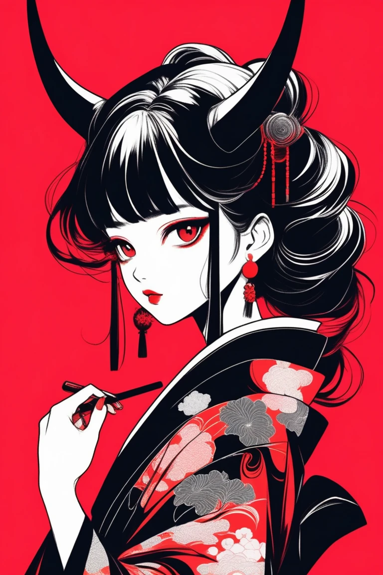 (best quality, sketch:1.2),realistic,illustrator,anime,1 girl with horns, detailed lips, kimono,custom, black and red gradient background,neon hair,textured cropping, masterpiece, style retro classic, noir style , Japanese style, ((monochrome))