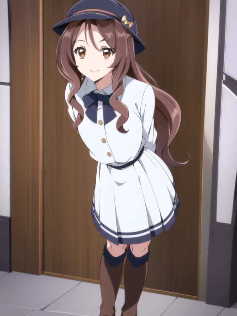 ((Best quality))), ((Ultra-detailed)), ((illustration)), ((Disheveled hair)), ((frilld)), (1 girl), (Solo),1girl, hat, looking_at_viewer, solo, rating:safe, arms_behind_back, black_bow, black_bowtie, black_neckwear, boots, bow, bowtie, brown_footwear, clothing, contrapposto, cross-laced_footwear, dress, female, footwear, fur_hat, hat_ornament, headwear, knee_boots, layered_dress, long_hair, makaria, school_uniform, smile, standing, uniform, white_hat, white_headwear
brown hair,brown_eyes,