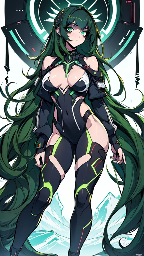 masterpiece, highest quality, (solo focus), (perfect face:1.1), (full body), (high detail:1.1), (hyper detailed eyes), dramatic, a woman with paleskin and long dark green hair, green eyes, solo, arrogant expression, neon cyberneticoutfit, white background, art by artgerm, cinematic lighting, fashion, BalenciagaStyle