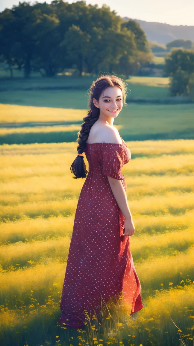 A photo of a TOK person, 1girl, 20 years old, tall and attractive, wearing a cute country dress, hair braided, standing in a rustic farm setting. She has a soft, gentle smile and expressive eyes. In the background are charming barns, golden wheat fields and clear blue skies. The composition should be bathed in warm golden hour light, with soft depth of field and soft bokeh to accentuate the idyllic tranquility. Capture images as if they were shot on vintage 35mm film for added oomph, filmg,