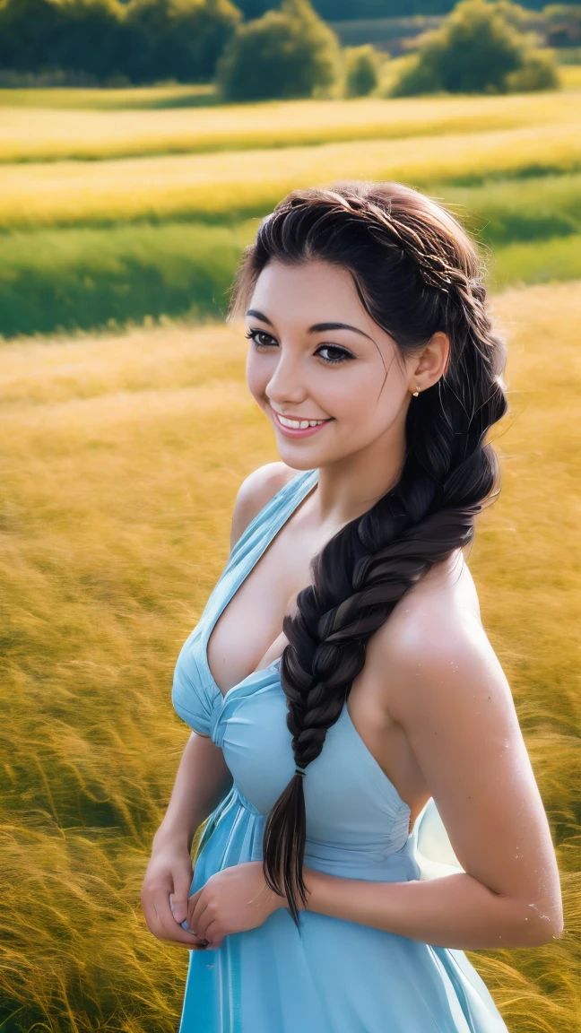 A photo of a TOK person, 1girl, 20 years old, tall and attractive, wearing a cute country dress, hair braided, standing in a rustic farm setting. She has a soft, gentle smile and expressive eyes. In the background are charming barns, golden wheat fields and clear blue skies. The composition should be bathed in warm golden hour light, with soft depth of field and soft bokeh to accentuate the idyllic tranquility. Capture images as if they were shot on vintage 35mm film for added oomph, filmg,