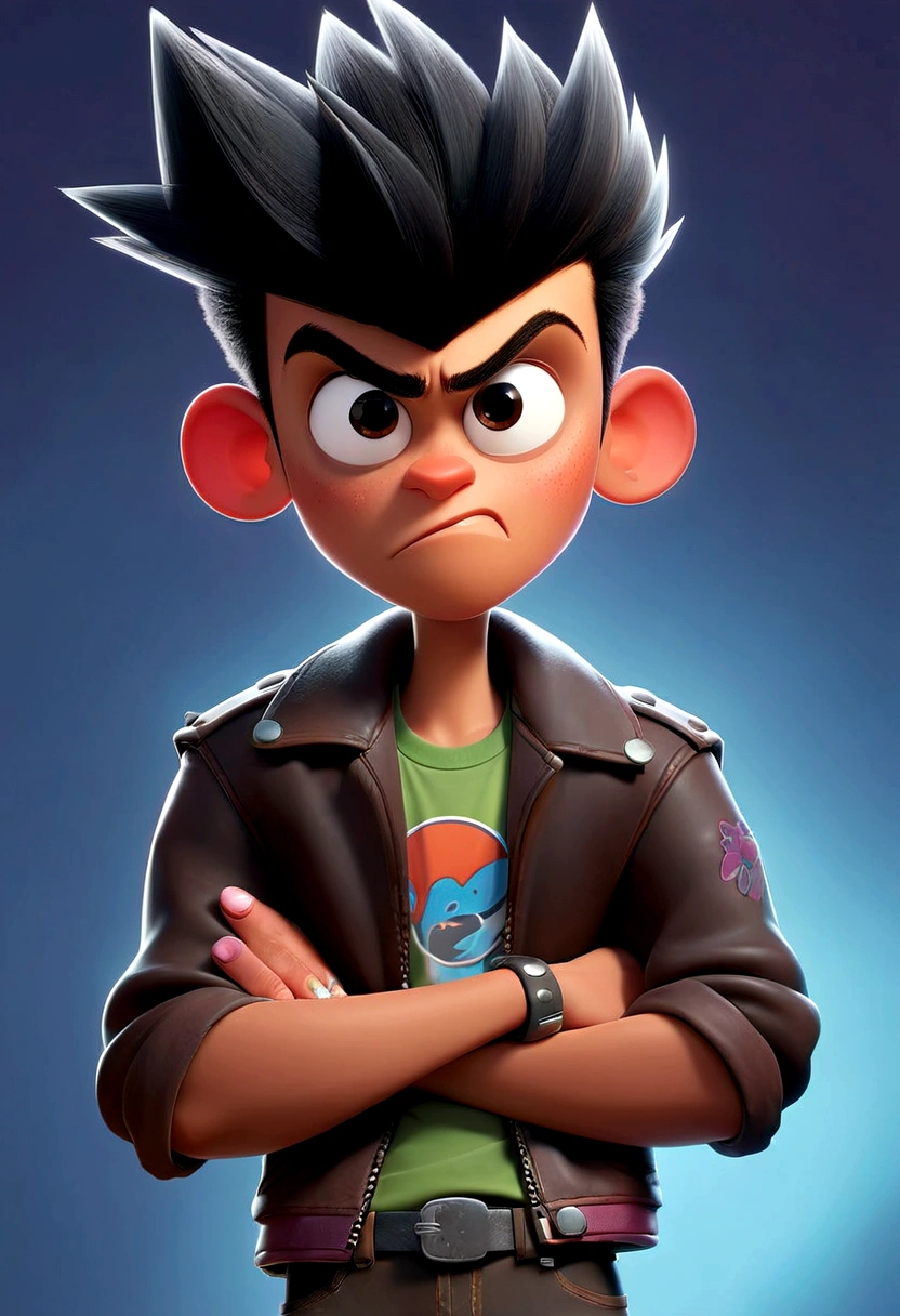 A Pixar-style ager character named Rebelde, with spiked hair, wearing a leather jacket, and full of attitude. He has a defiant expression and is always with crossed arms."