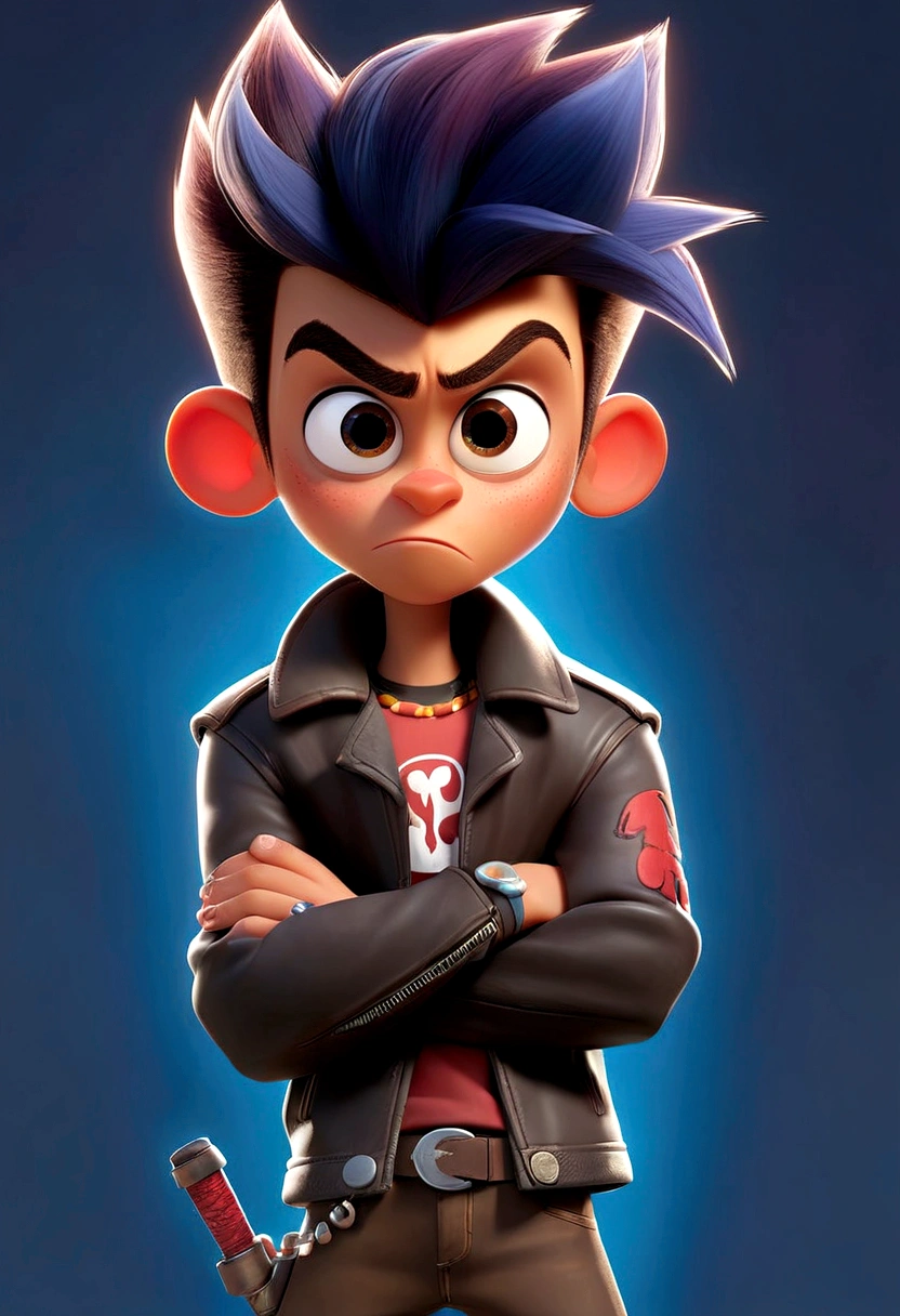 A Pixar-style teenager character named Rebelde, with spiked hair, wearing a leather jacket, and full of attitude. He has a defiant expression and is always with crossed arms."