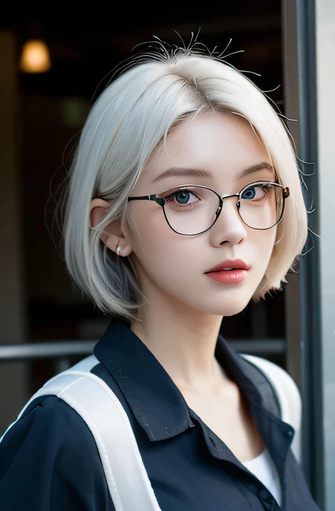 Solo, 1girl, masterpiece, best quality, extremly detailed, Cinematic lighting, intricate detail, highres, official art, finely detailed beautiful face and eyes, high resolution illustration, 8k, dark intense shadows, overexposure, [white hair], short hair, blue eyes, glasses, upper body, large breasts, school shirts,navy shirt ,college, young, cute, small,chibi, college, virgin, white hair color, walking in univercity, with friend, highschool girl, looking at the viewer