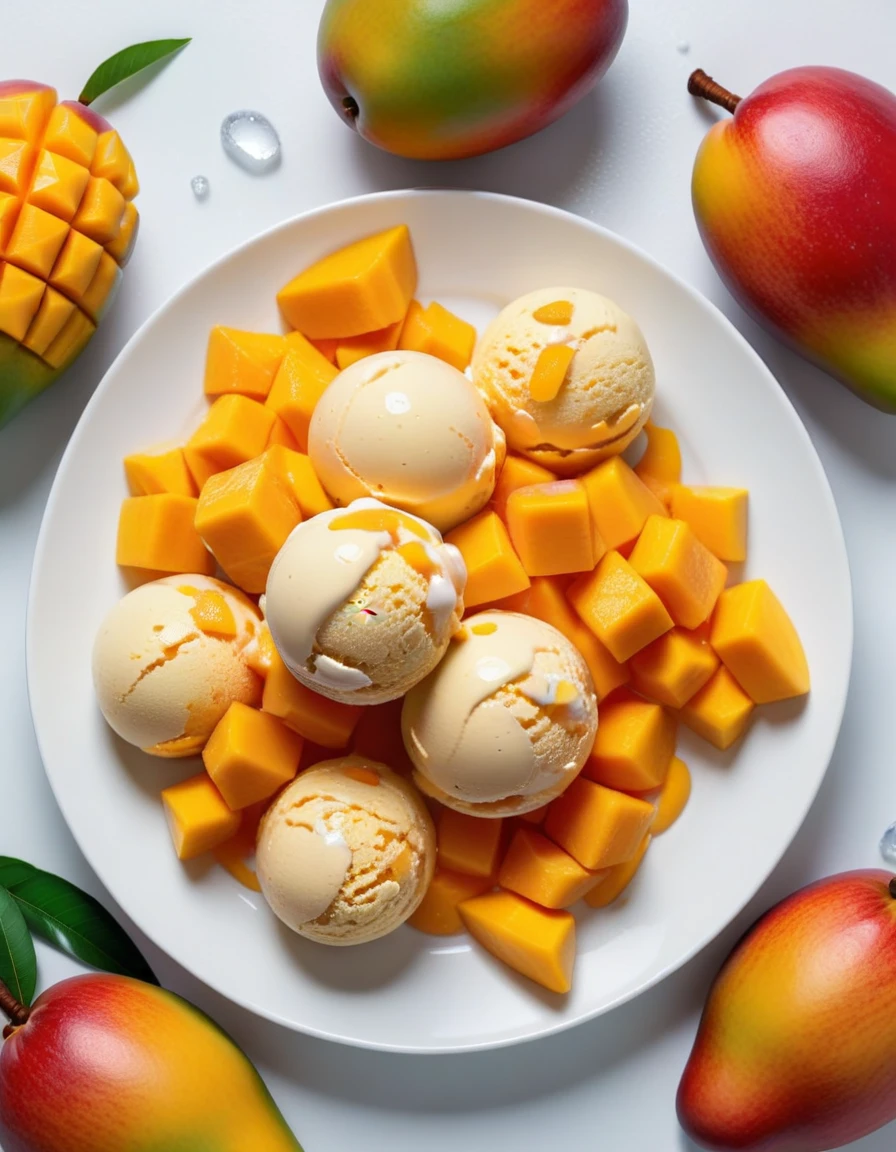 (mango fruit and mango fruit pieces and mango ice cream on a white plate), closeup, macroscopic photo, hyperdetalization, hyperrealism, beautiful foreshortening, cinematic, glow, reflexes, illuminated ((dominant three colors))