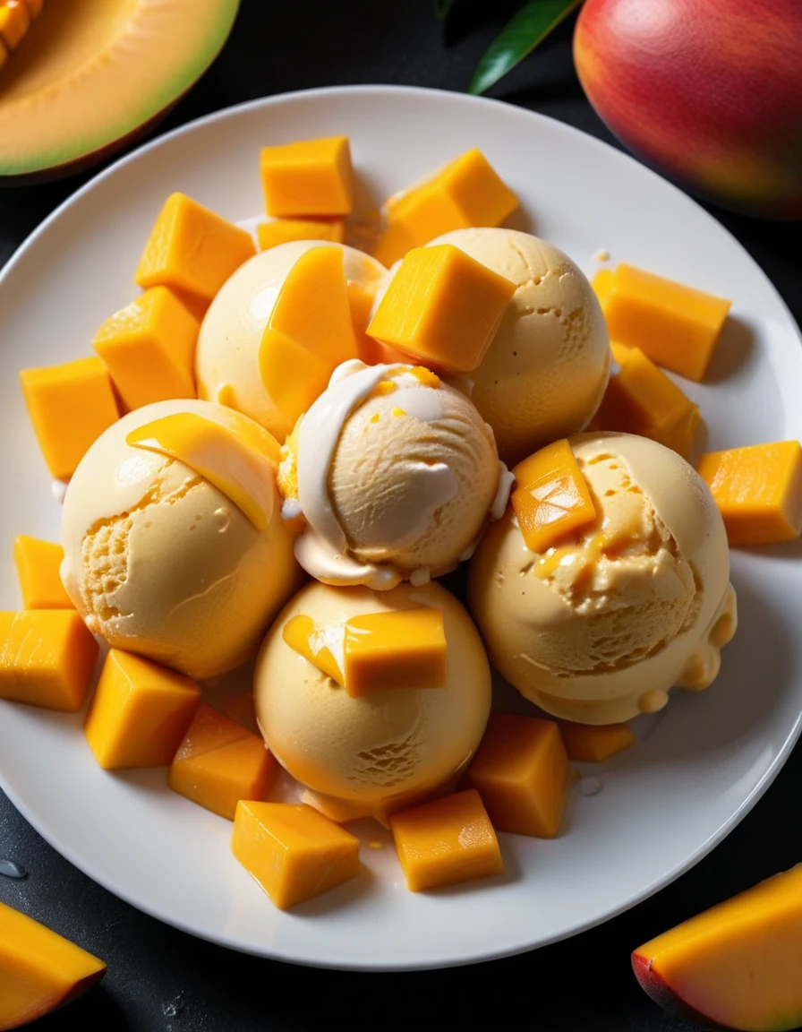 (mango fruit and mango fruit pieces and mango ice cream on a white plate), closeup, macroscopic photo, hyperdetalization, hyperrealism, beautiful foreshortening, cinematic, glow, reflexes, illuminated ((dominant three colors))