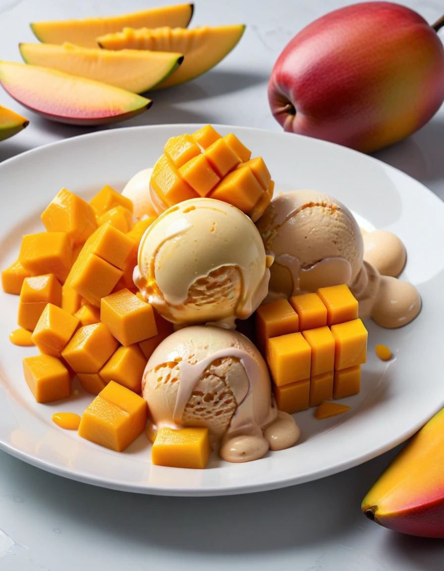 (mango fruit and mango fruit pieces and mango ice cream on a white plate), closeup, macroscopic photo, hyperdetalization, hyperrealism, beautiful foreshortening, cinematic, glow, reflexes, illuminated ((dominant three colors))
