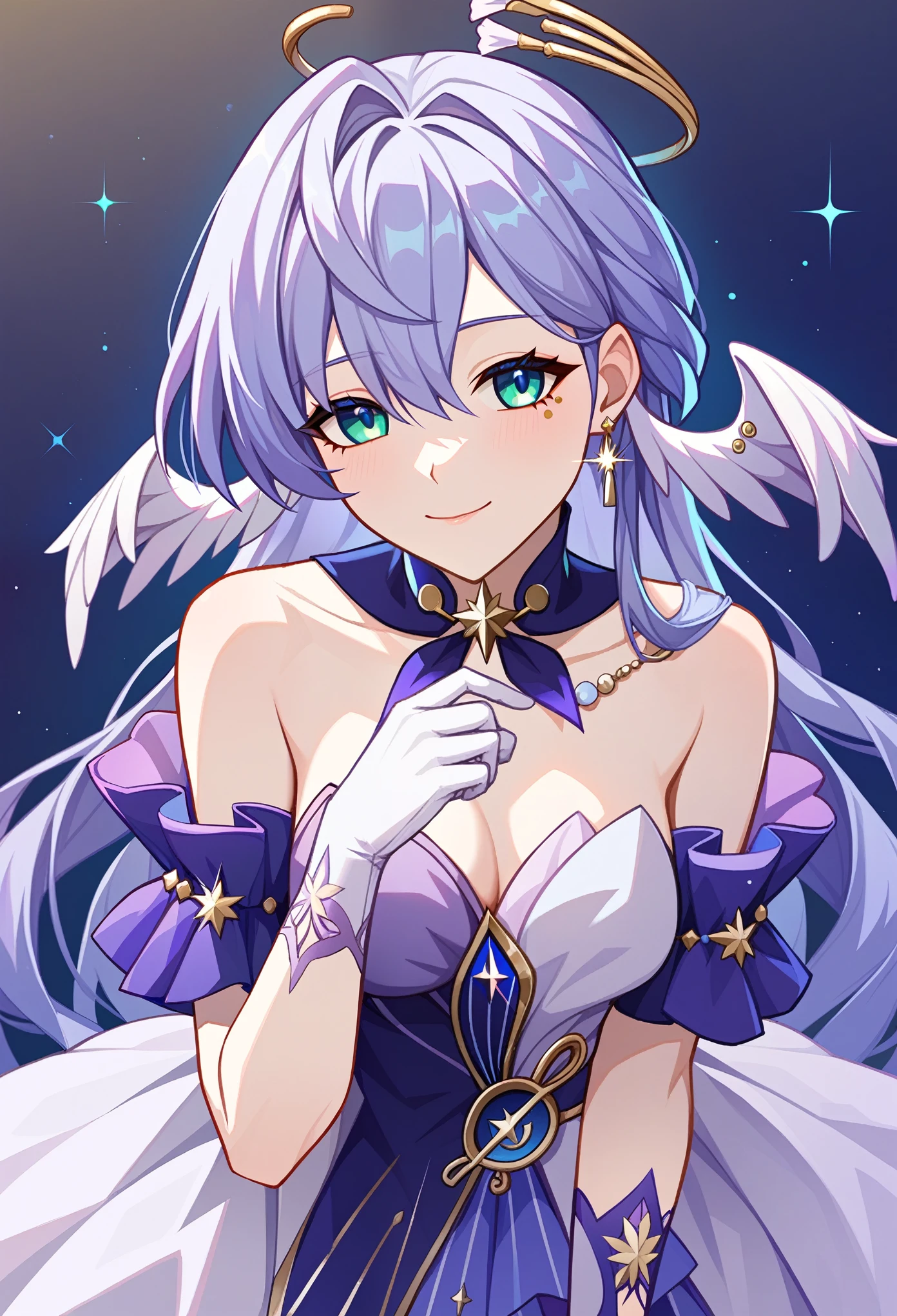 1girl, robin_\(honkai:_star_rail\), bare_shoulders, head_wings, white_dress, white_gloves, detached_sleeves, short_sleeves, aqua_eyes, long_hair, halo, purple_dress, hair_between_eyes, earrings, purple_hair
