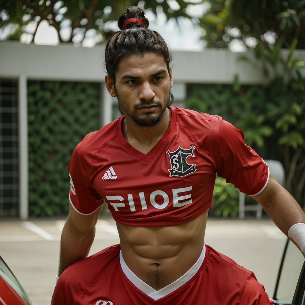 South asian man in black football jersey and football tights, long hair curly, super sexy, massive erection bulge, line visible, soft jersey material, location maldives. All the clothes and hair wet, in the rain. Pose sitting , alpha man, dominant look, hair tied up, holding a cigarette and smoking