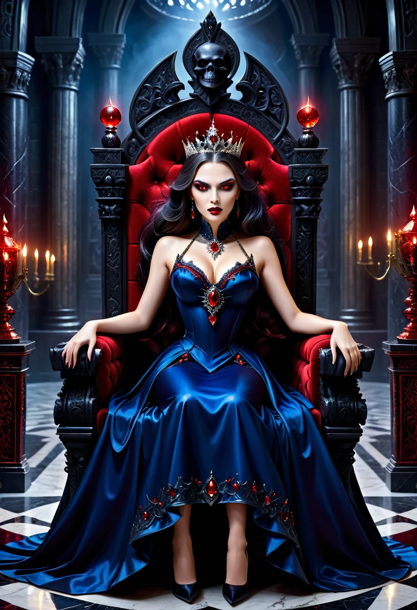 picture of a vampire queen sitting on her dark throne, a (vampire queen: 1.2) wearing dark blue dress, royal dress, glamorous dress, dynamic hair, bold intense eyes, extremely exquisite beautiful queen, perfect body, (anatomically correct: 1.3), ultra feminine, ultra detailed face, red lips, red glowing eyes, she sits on a (dark frightful throne: 1.3) of fear, and might, throne carved from black marble , legendary symmetric design, with (many carvings in the marble: 1.3), skulls on the handles, decorated with rubies, and opal gems, dark fantasy hall room background, (masterpiece: 1.4) intense details, highly detailed, photorealistic, best quality, highres,16k, (ultra detailed:1.3(, masterpiece, best quality, (extremely detailed), close up, ultra wide shot, photorealistic, RAW, fantasy art, dnd art, fantasy art, realistic art,((best quality)), ((masterpiece)), (detailed: 1.5),