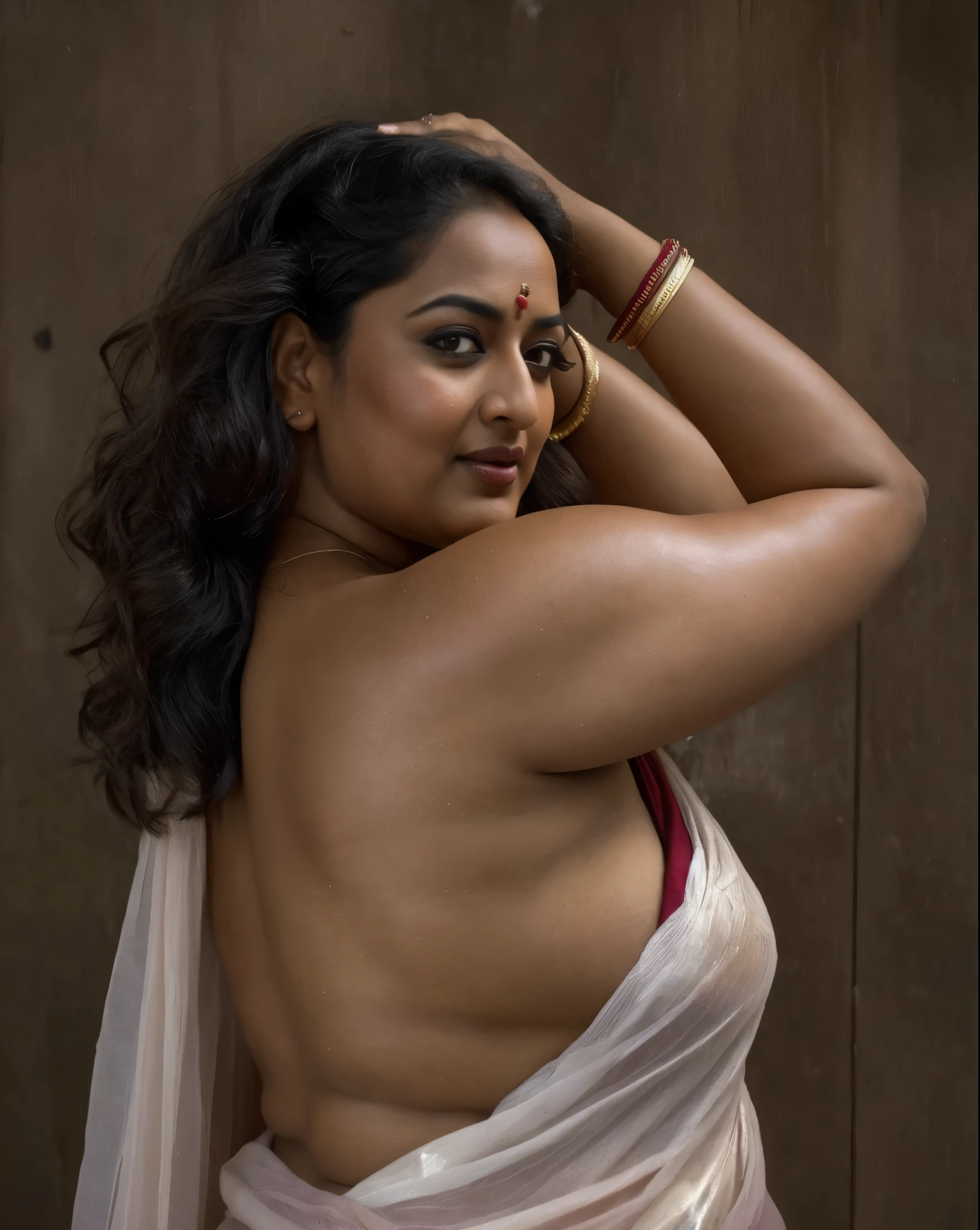 Foto RAW, photorealistic, photography, full body shot, 50 years old Woman, master shot, perfect eyes, goddess like beauty, pierced eyes, perfect thick chubby mallu Desi aunty bhabhi, Wearing a Stanapatta, a chest-band.Saree model, model Photography, Indian saree shoot, Indian traditional wear advertising photography, traditional wear brand shoot, face of Indian actress Sonakshi Sinha, masterpiece, realistic, realism, incredible details, pleasure, photorealism, detailed skin, skin pores, high contrast, photorealistic Artstation 8k HD digital art trend of high definition and detailed realistic skin texture, ultra detail, realistic skin texture, armature, best quality, ultra high definition, (photorealistic:1.4),, high resolution, detail, raw photo, sweat, Re sharp, by Lee Jefferies Nikon D850 Film Stock Photo 4 Kodak Portra 400 Camera F1.6 Lens Rich Color Ultra Real Realistic Realistic Textures Dramatic Lighting Unreal Engine Trending at Art Station Cinestill 800,(pele altamente detalhada: 1.2), 8k UHD, DSLR, soft-lighting, alta qualidade, grain of film, Fujifilm XT3,she didn't like to wear blouse or bra, she is happy to wear only saree, she hates blouse or bra, detailed hairy armpits, hyper realistic skin, skin pores, sweat, veins,