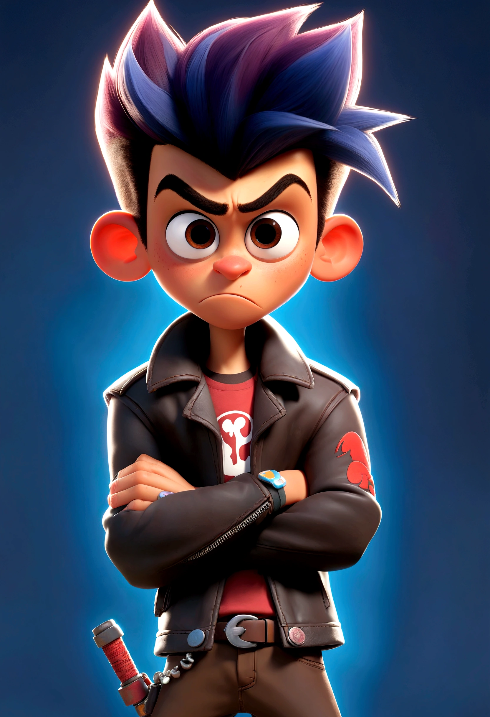 A Pixar-style teenager character named Rebelde, with spiked hair, wearing a leather jacket, and full of attitude. He has a defiant expression and is always with crossed arms."