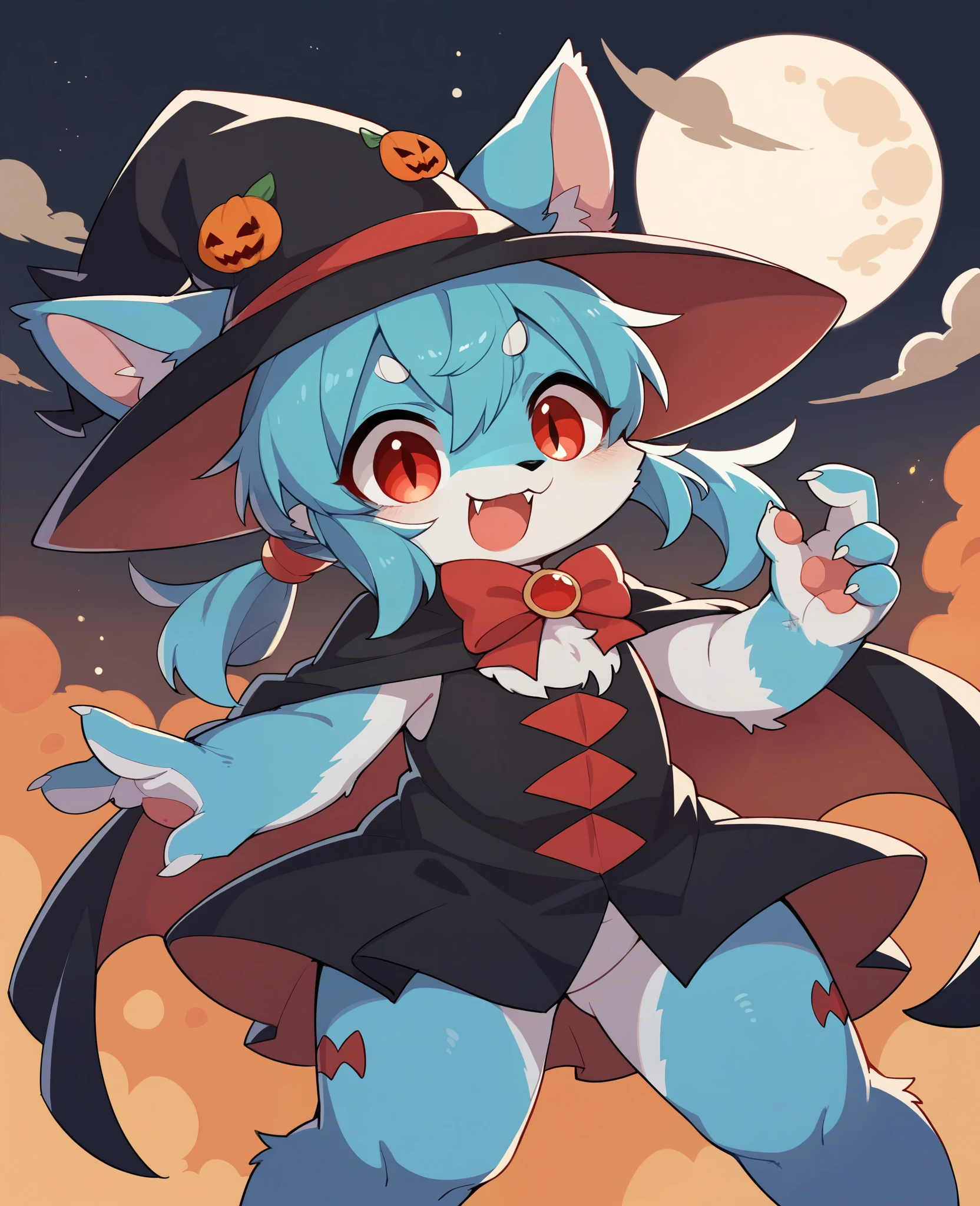 (epic, dynamic angle)top quality, best quality, High-quality illustrations, masterpiece, While creating a Halloween atmosphere, vampire with furry elements, (kemono, super cute girl, solo focus)(furry anthro)(highly detailed beautiful face and eyes)absurdres, perfect anatomy, Scene of a red full moon with a strong horror color,