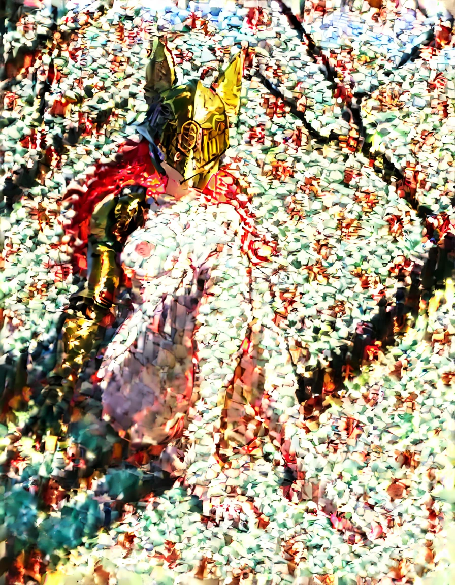 score_9, score_8_up, score_7_up, (An Anthro furry wolf girl, golden blonde furry body, red hair, MaleniaDef, helmet, covered eyes, covered eyes, single mechanical arm, prosthesis), naked, nipples, full body shot, barefoot, majestically sitting on a tree trunk, in a cave with overgrown trees and vines,