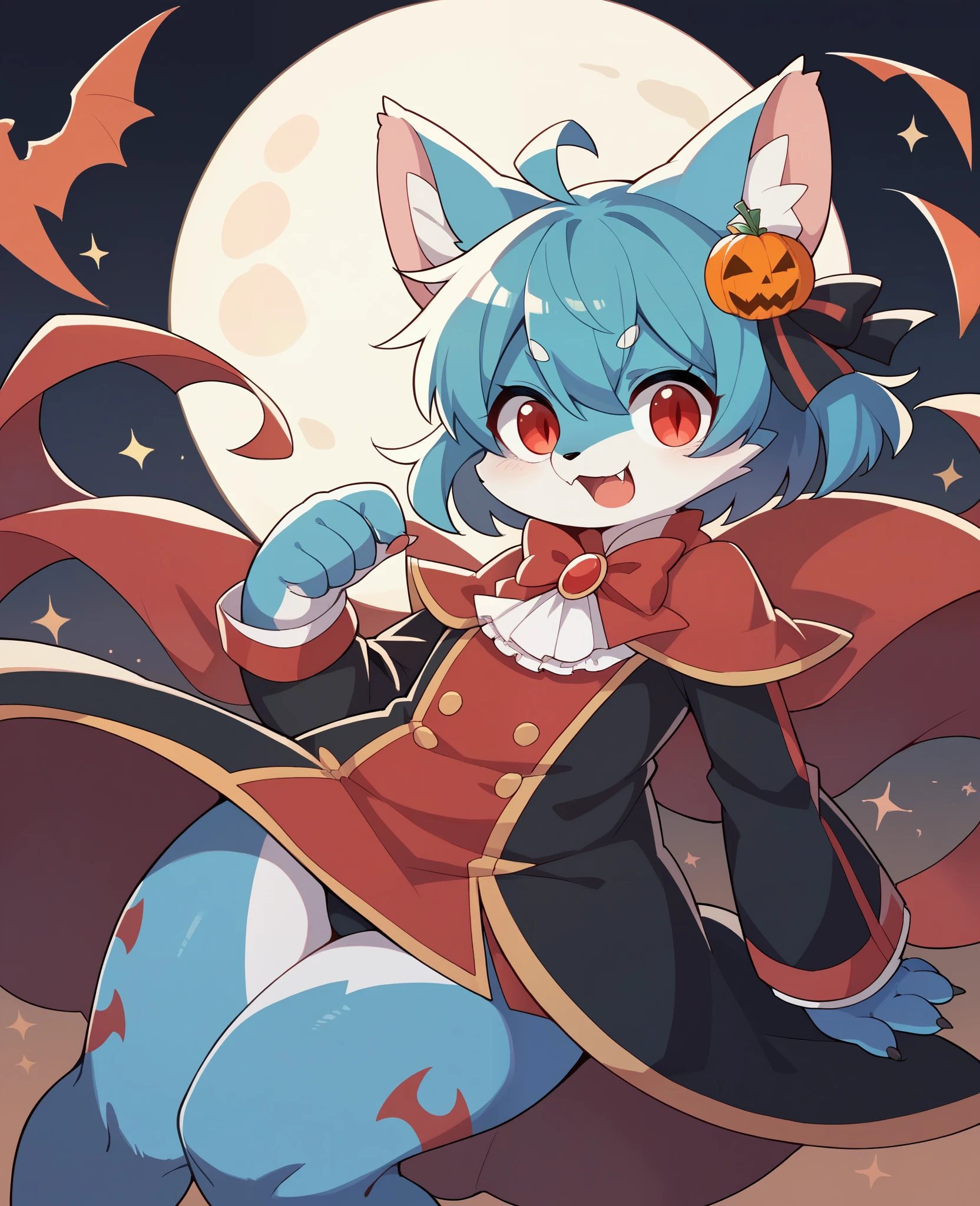 (epic, dynamic angle)top quality, best quality, High-quality illustrations, masterpiece, While creating a Halloween atmosphere, vampire with furry elements, (kemono, super cute girl, solo focus)(furry anthro)(highly detailed beautiful face and eyes)absurdres, perfect anatomy, Scene of a red full moon with a strong horror color,