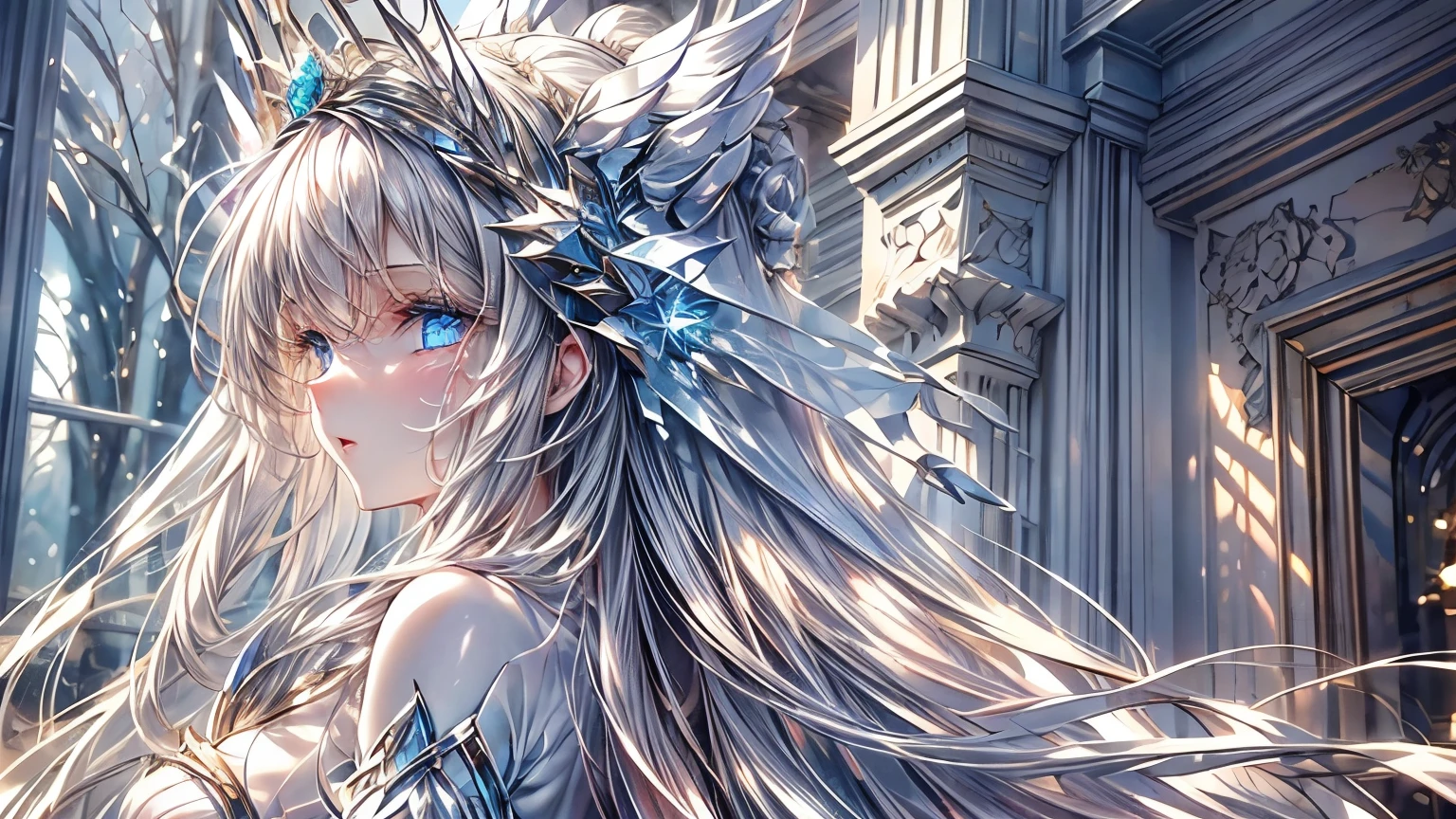 White hair girl, beautiful detailed eyes, pale skin, flowing white hair, elegant pose, fantasy setting, soft lighting, ethereal atmosphere, mesmerizing gaze, delicate features, porcelain-like complexion, long white hair cascading down her back, intricate braids adorned with flowers, silver crown on her head, sparkling snowflakes falling around her, snow-covered landscape, shimmering blue dress, graceful movement, dreamlike aura, enchanting beauty, enchanted forest, surreal color palette, delicate snowflakes melting on her fingertips, frozen breath in the air, winter wonderland scenery, magical glow surrounding her, serene expression, captivating presence, subtle hints of blue and silver, soft rays of sunlight filtering through the trees, tranquility and peace in her presence, icy blue eyes reflecting the beauty of her surroundings, dreamy and otherworldly atmosphere, a touch of mystery, artistic masterpiece, high resolution details, stunning portrait, portrait in a fairytale world.