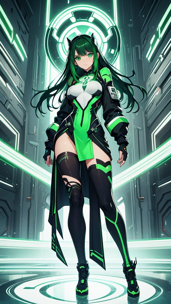 masterpiece, highest quality, (solo focus), (perfect face:1.1), (full body), (high detail:1.1), (hyper detailed eyes), dramatic, a woman with paleskin and long dark green hair, green eyes, solo, arrogant expression, neon cyberneticoutfit, white background, art by artgerm, cinematic lighting, fashion, BalenciagaStyle