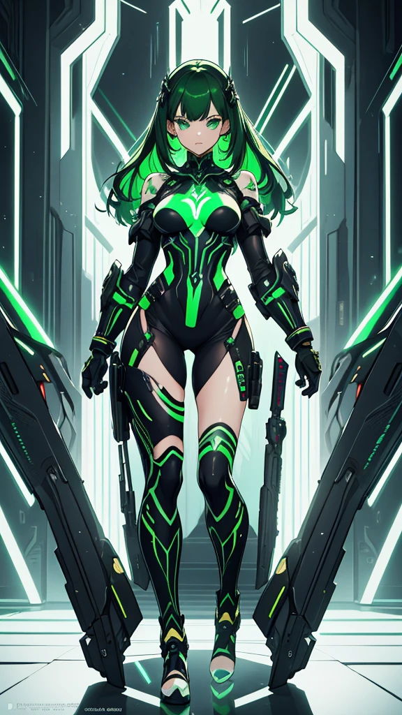 masterpiece, highest quality, (solo focus), (perfect face:1.1), (full body), (high detail:1.1), (hyper detailed eyes), dramatic, a woman with paleskin and long dark green hair, green eyes, solo, arrogant expression, neon cyberneticoutfit, white background, art by artgerm, cinematic lighting, fashion, BalenciagaStyle