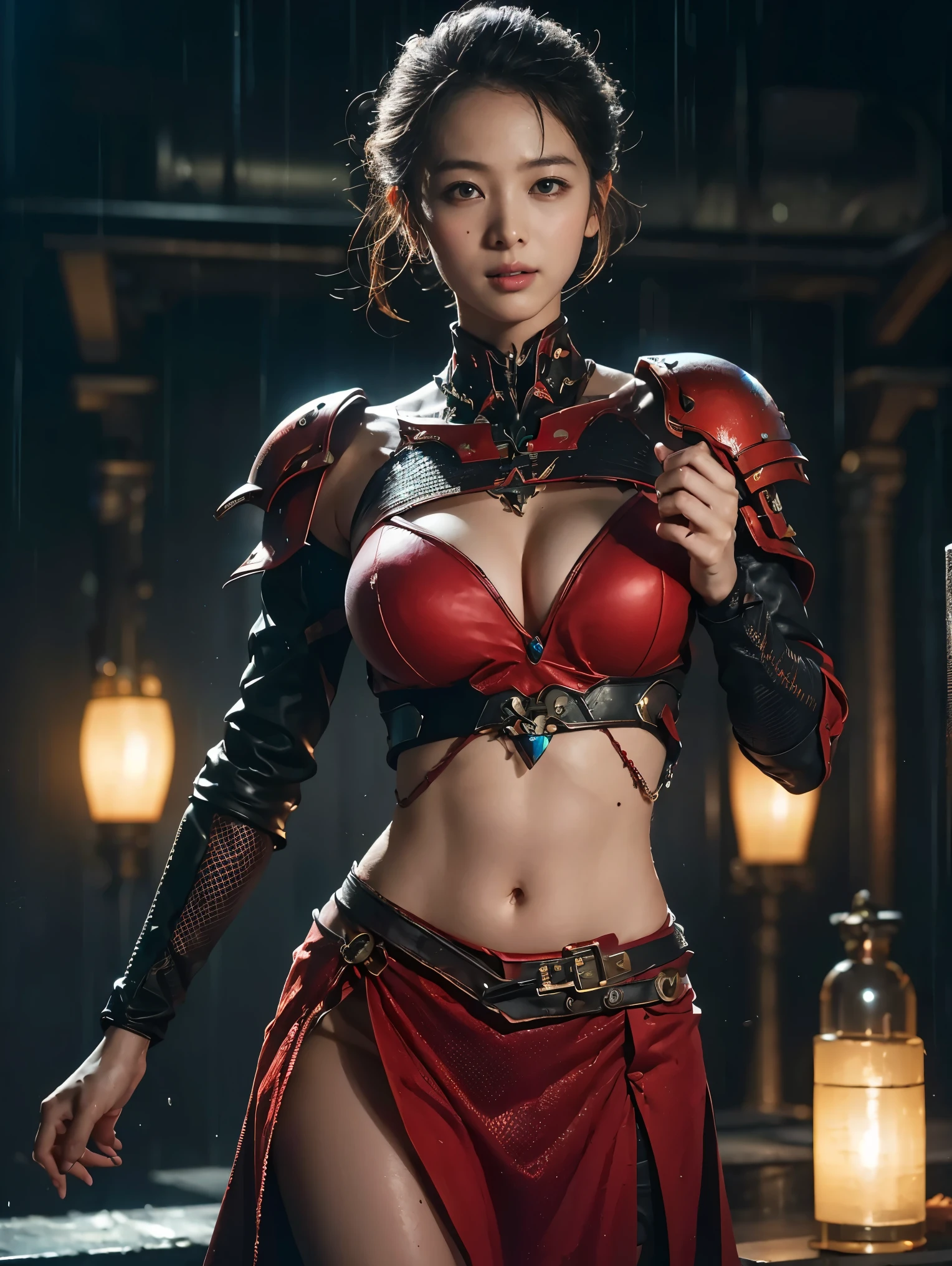 ((Best quality, 8k, RAW photo, Masterpiece :1.3)), (realistic、Photoreal:1.37)、Super detailed、super high resolution, (cinematic lighting), alone, 1 asian woman, solo, see the beholder, (30 years old), , beautiful and detailed face, happy smile, narrow, shining eyes, (slim waist :1.3), Fine and beautiful skin, skin texture, professional lighting, as a whole human body,(Combination of cyberpunk and fantasy style),(female soldier),25 year old woman,Japanese,(half updo, brown hair),beautiful hair, brown eyes,red eye chest, accessories,red lip,(he frowned,sneer),(Combining cyberpunk and fantasy style clothing,openwork design,joint armor,police uniform,Red clothes,red),expose the navel,photo pose,realistic style,Thunder and lightning on a rainy day,(Thunder Magic),oc rendering reflection texture、looking at viewer, look at viewer, lighting forward, lighting front, upper body,