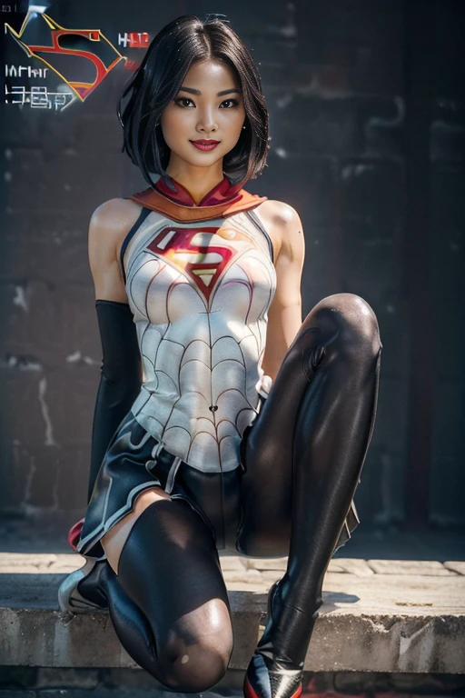 Asian Beautiful Girl、(((Wear black tights on your beautiful legs.)))、(((beauty legs)))、(((facial expression of smile)))、((((Make the most of the original image)))、(((Supergirl Costume)))、(((a short bob、beautiful hairl)))、(((Suffering)))、(((Feet must necessarily be worn with black tights)))、(((You need to wear red boots)))、((Top image quality、8K))、((top-quality、8K、​masterpiece:1.3))、(((Keep your background simple)))、Crisp focus:1.2、Beautiful woman with perfect body shape:1.4、Slender Abs:1.2、a wet body:1.5、Highly detailed facial and skin texture、8K、beauty legs