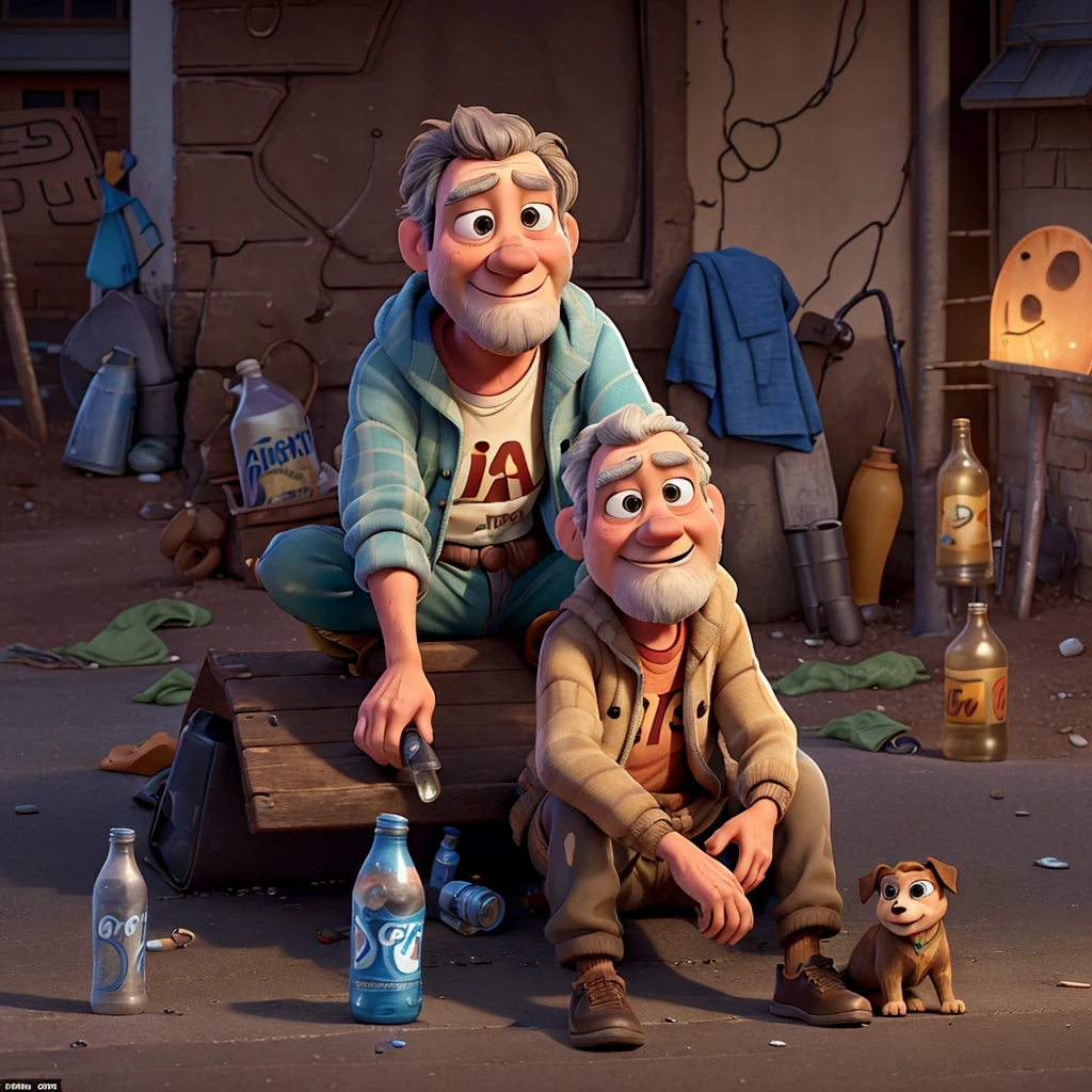 ((Best quality)), ((pixar animation)), (detailed), a dirty homeless person, sitting on a sidewalk with old clothes, with a bottle of drink in his hand, and a dog lying next to him, on a deserted street, rainy night, with rays, only one man, dark street
