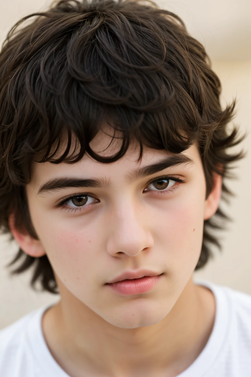 super white realistic 14 year old boy, black hair book cut riot brown eyes with long eyelashes and lots of blush