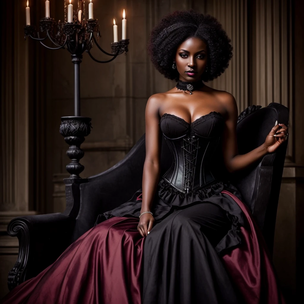 1 elegant black woman, (((Dark black skin 1.2))), Mature middle-aged woman， goth woman, vampire, goth makeup, victorian era dress, corset, corset dress, choker necklace, Dark eyeshadow，Full-body art, black skin, a dark tanned skin，Melanin pigmentation of the skin，very dark skin, violet eyes, lesvian, afro hair, short hair, renascence portrait, realist, elegant pose, dark color scheme, candlelit ilumination, vintage fashion, victorian era fashion, Victorian dress, corset, vampire fangs, fangs showing, blood, ethereal beauty, purple eyes, curly hair, afro hair, short afro hair, red and black color scheme, red lips, red and black dress, blood on the lips, vampire, lesbian vampire, gothic dress, gothic architecture, goth style, romantic style, motherly smile, seductive glance, seductive stare, sitting on a throne, throne, gothic castle,
